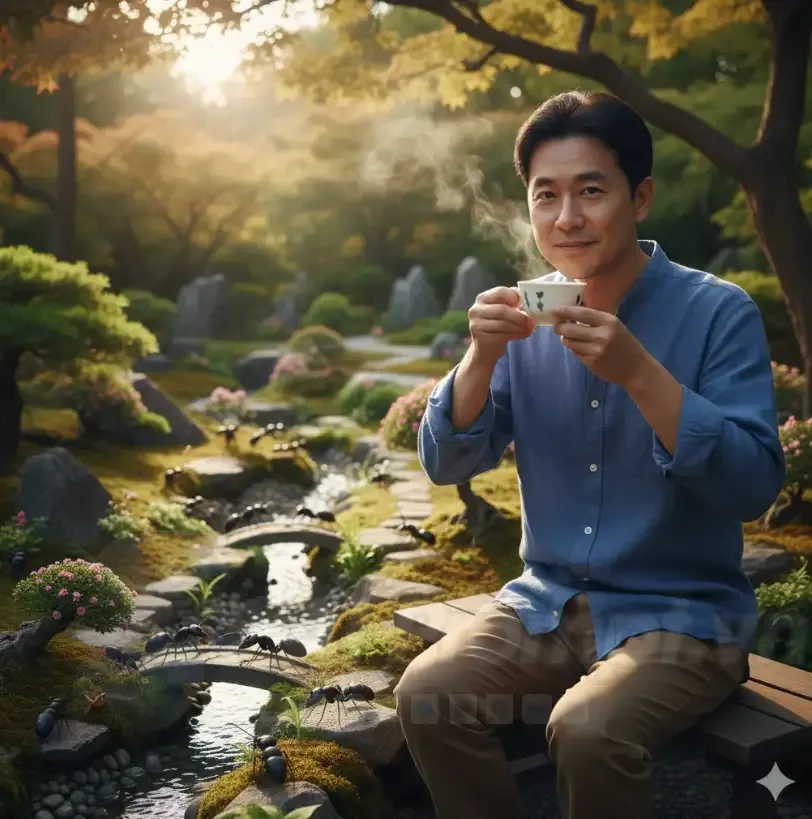 Chia sẻ Prompt Ảnh: Chàng trai châu Á thưởng trà bên suối nhỏ với kiến chăm chỉ