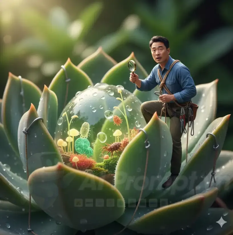 Chia sẻ Prompt Ảnh: Người đàn ông châu Á tí hon khám phá sinh vật hiển vi trên cây mọng nước