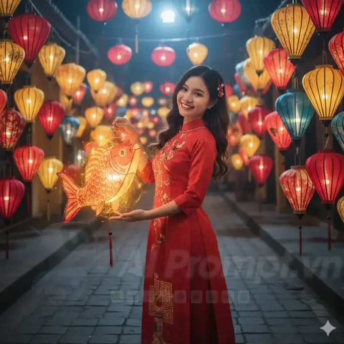 Chia sẻ Prompt Ảnh: Phụ nữ Việt trẻ trong Áo Dài hiện đại với Lồng đèn cá chép dưới ánh trăng huyền ảo