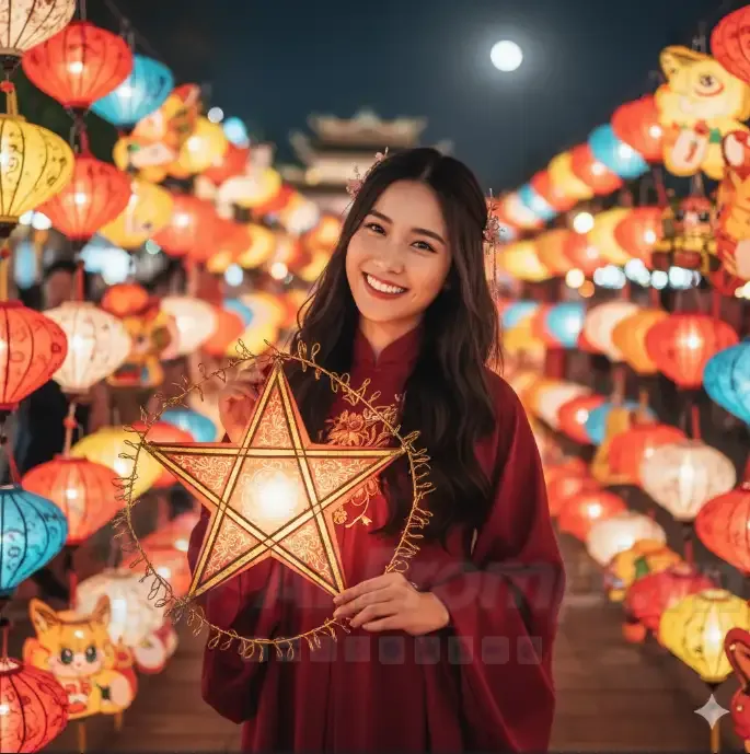 Chia sẻ Prompt Ảnh: Chân dung thiếu nữ rạng rỡ đón Tết Trung Thu