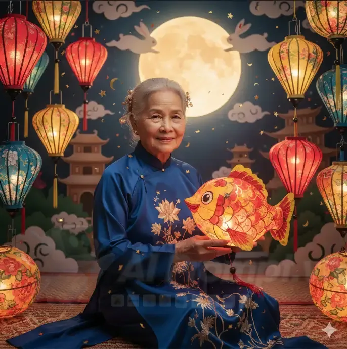 Chia sẻ Prompt Ảnh: Chân dung bà lão Việt Nam trong đêm Trung Thu hoài cổ