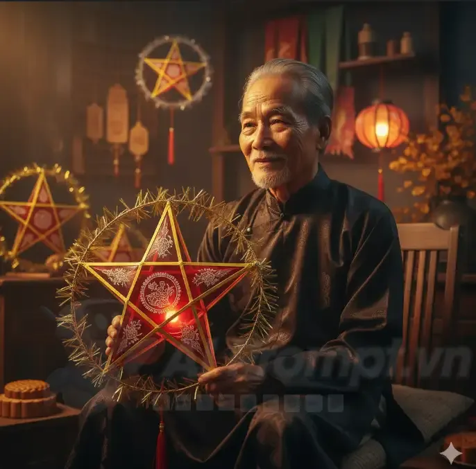 Chia sẻ Prompt Ảnh: Chân dung ông lão Việt Nam ấm áp đêm Trung thu với đèn lồng sao thủ công