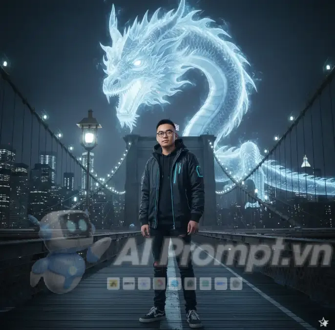 Phân tích Prompt Ảnh: Người mẫu Á bên Rồng Băng ở New York về đêm