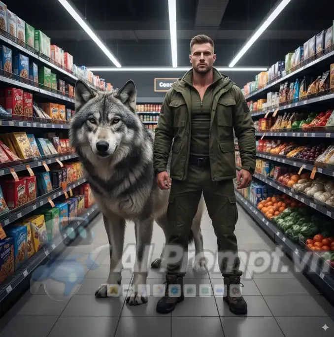 Phân tích Prompt Ảnh: Người mẫu nam và sói khổng lồ trong siêu thị