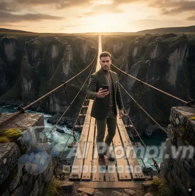 Phân tích Prompt Ảnh: Người mẫu nam phong trần bên cầu treo cổ