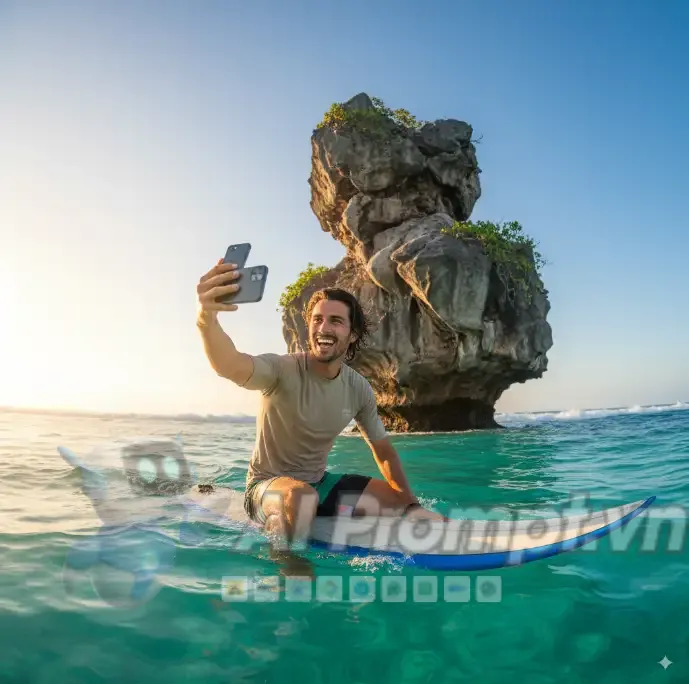 Phân tích Prompt Ảnh: Người mẫu lướt sóng trong khung cảnh nhiệt đới