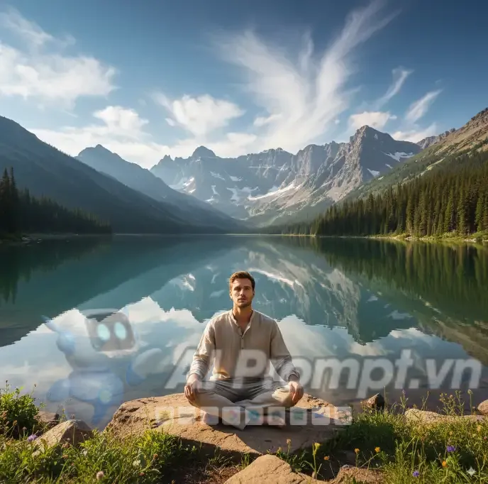 Phân tích Prompt Ảnh: Thiền định bên hồ với phong cảnh núi non