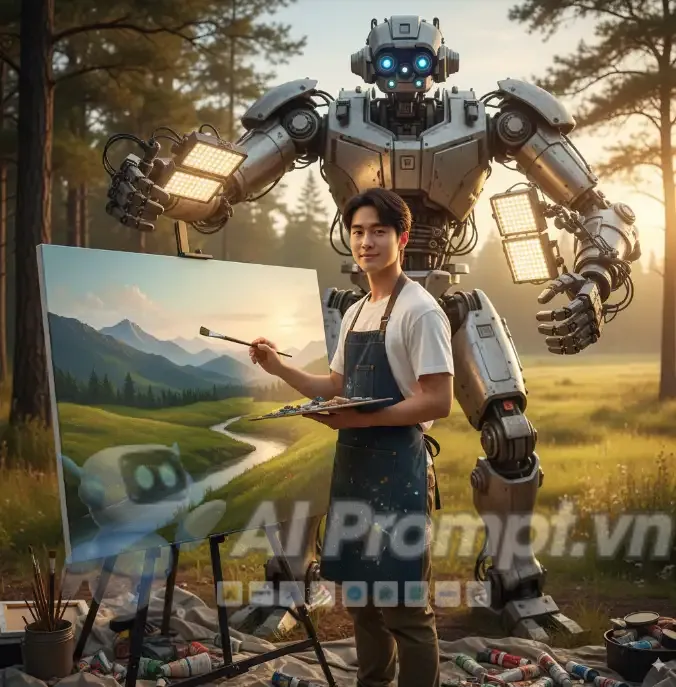 Phân tích Prompt Ảnh: Người mẫu Á Đông vẽ tranh với robot hỗ trợ