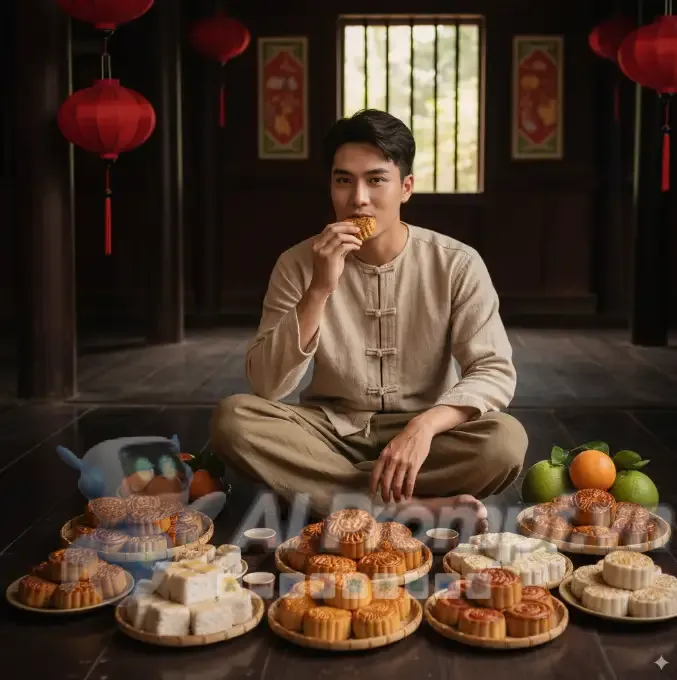 Phân tích Prompt Ảnh: Người mẫu thưởng thức bánh Trung Thu tại Việt Nam