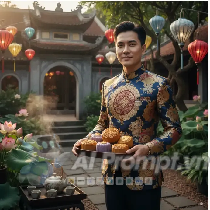 Phân tích Prompt Ảnh: Người mẫu nam châu Á trình diễn bánh Trung thu