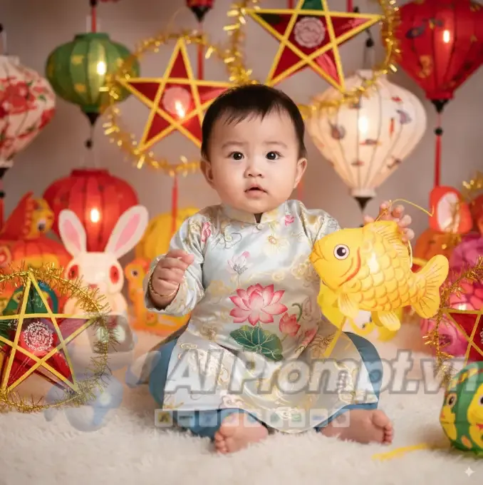 Phân tích Prompt Ảnh: Em bé Việt Nam tìm đèn lồng, Studio Chuyên nghiệp