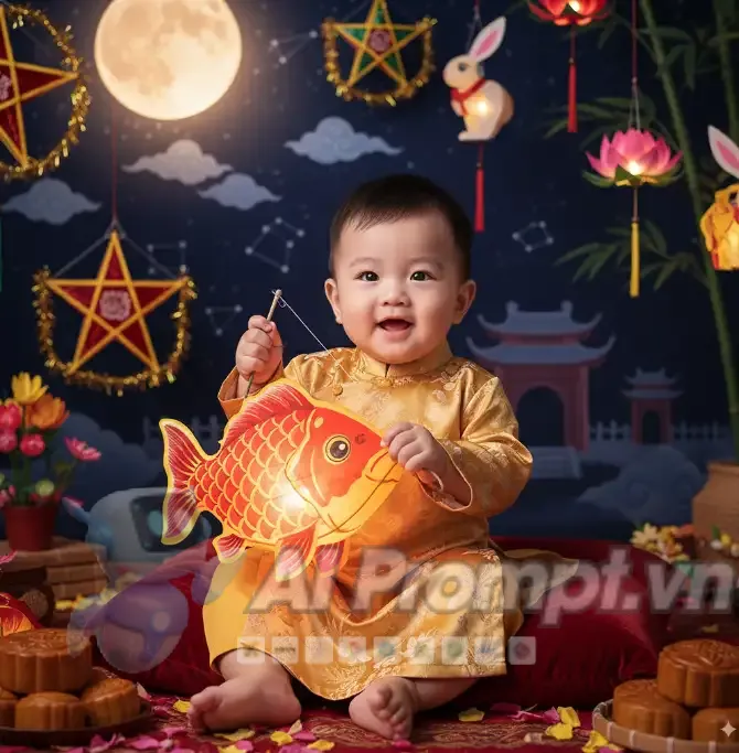 Phân tích Prompt Ảnh: Em bé Châu Á với đèn lồng Tết Trung thu