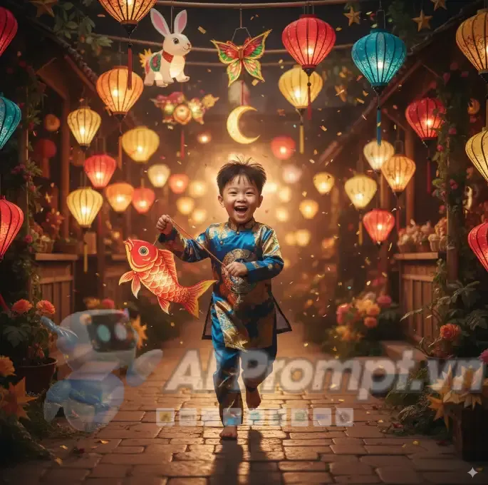 Phân tích Prompt Ảnh: Cậu bé châu Á vui tươi trong Lễ Trung Thu