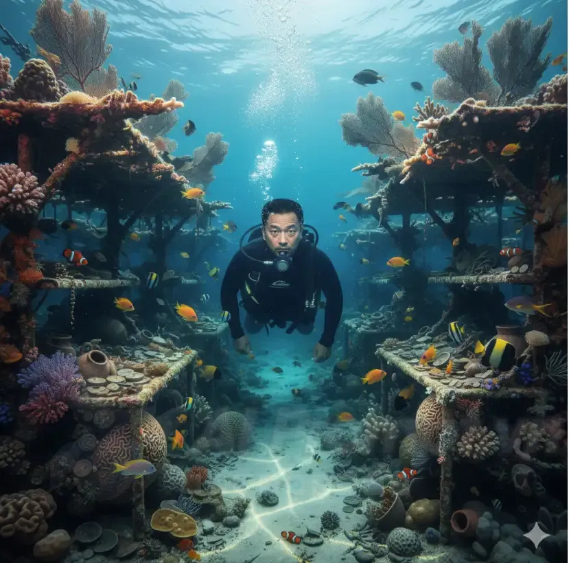 Chia sẻ Prompt Ảnh: Chân dung người đàn ông châu Á bí ẩn trong chợ cổ dưới đáy biển