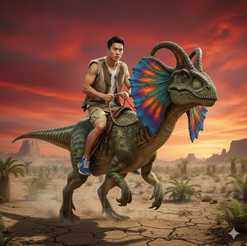 Chia sẻ Prompt Ảnh: Hình ảnh chân thực về chàng trai trẻ Á châu cưỡi khủng long Dilophosaurus