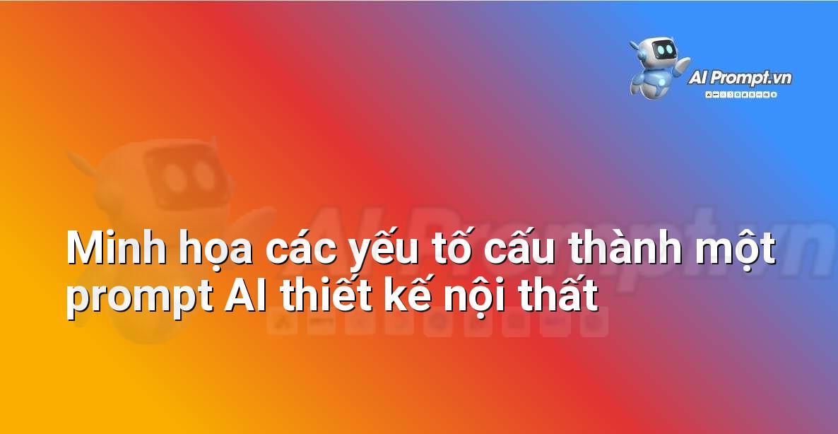 Một hình ảnh đồ họa minh họa các thành phần của một prompt AI cho thiết kế nội thất, bao gồm phong cách, màu sắc, vật liệu, ánh sáng