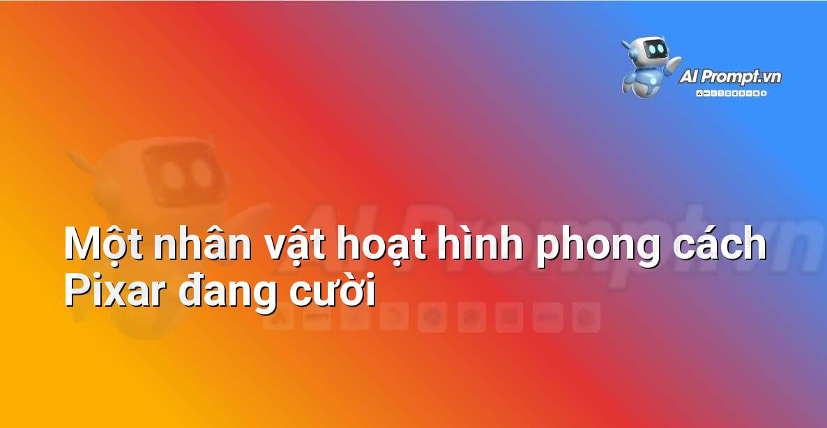 Một nhân vật hoạt hình dễ thương theo phong cách Pixar, với đôi mắt to tròn và biểu cảm vui vẻ, đứng trước một phong cảnh đầy màu sắc